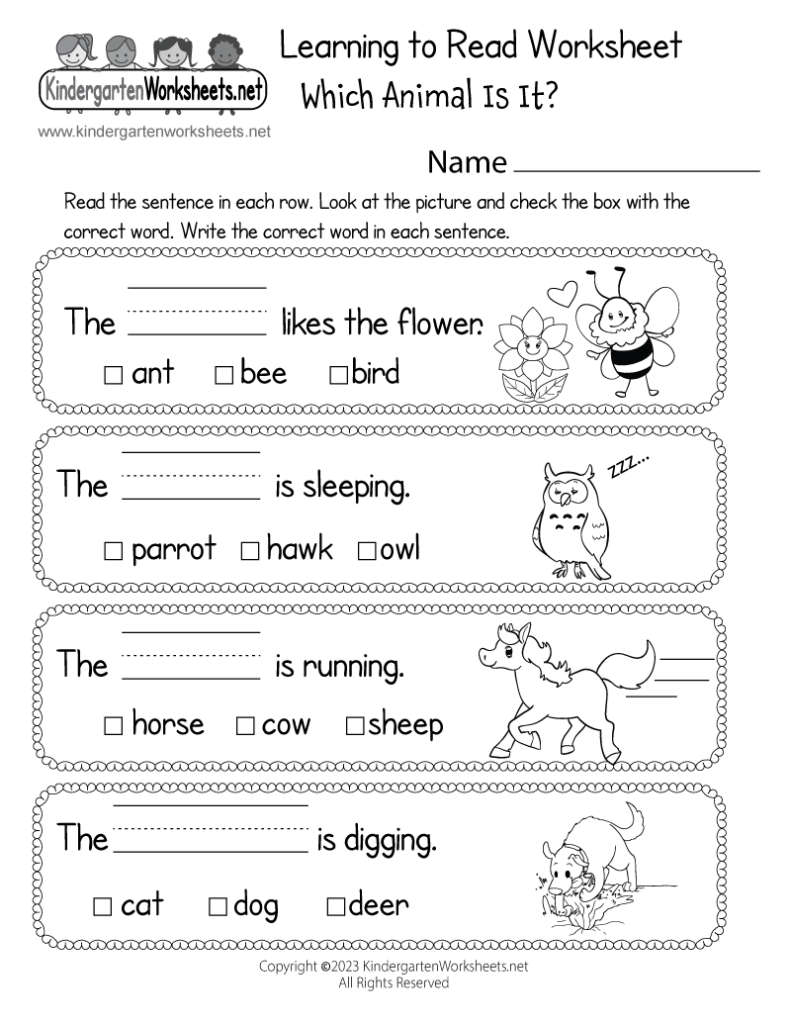 Printable learning worksheet with four animal questions and pictures
