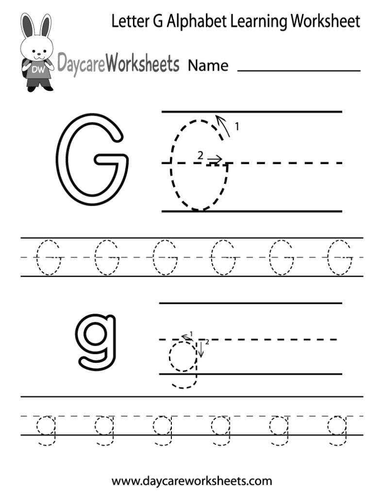 Letter G alphabet tracing worksheet with lowercase g exercises
