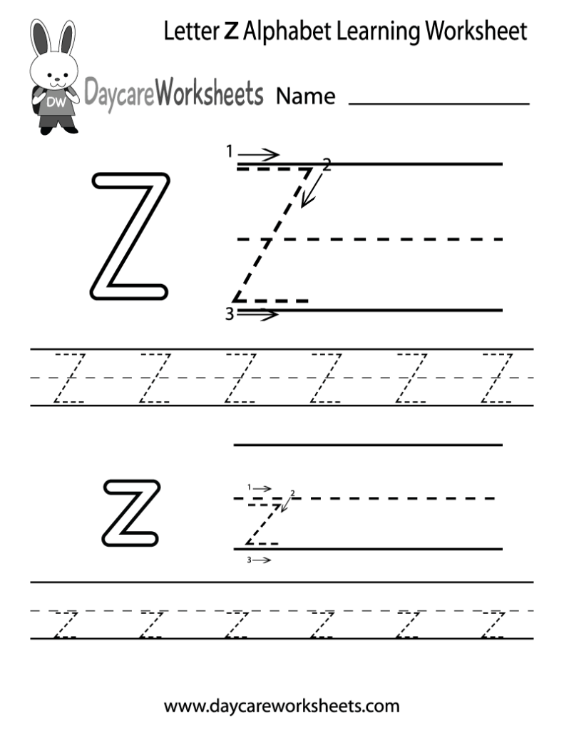 Letter Z alphabet learning worksheet with tracing lines