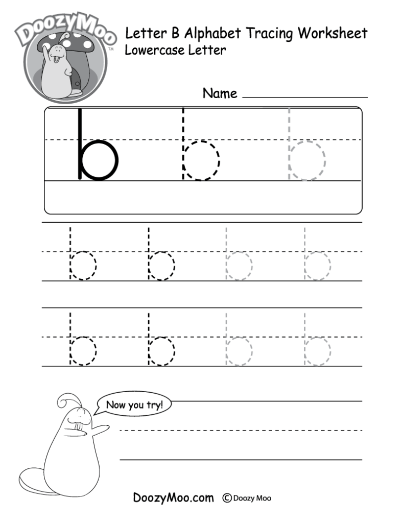 Letter B tracing worksheet with dashed lowercase b’s