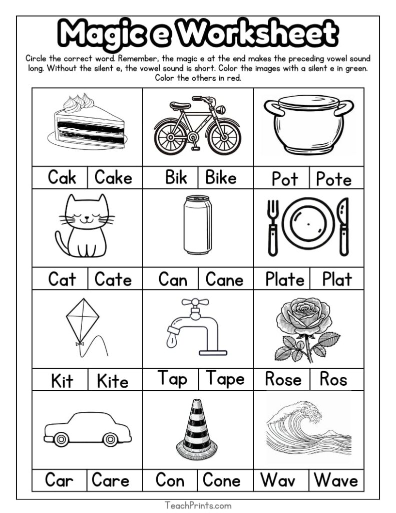 Phonics worksheet with pictures and word choices