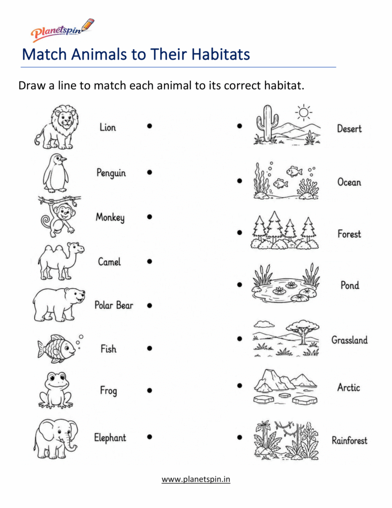 Animal habitat matching worksheet with cartoon animals and habitats