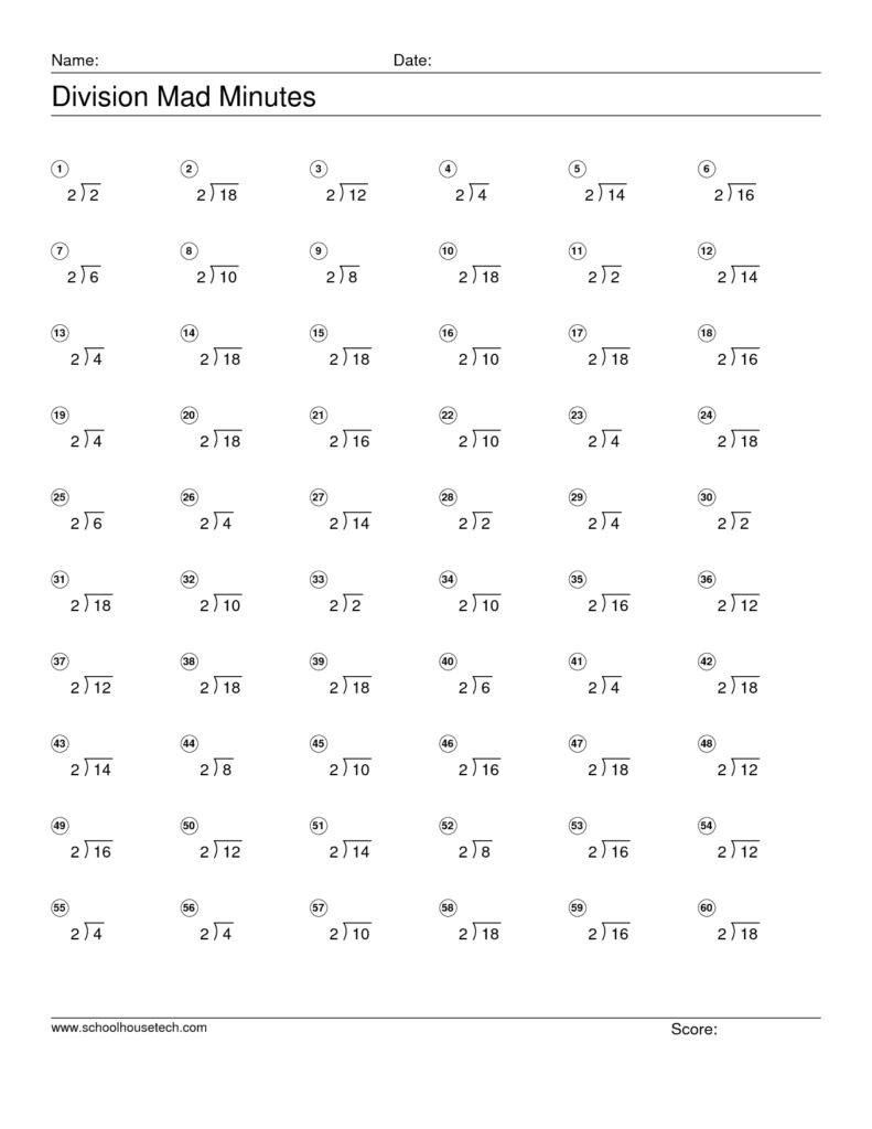 Division Mad Minutes worksheet with numbered problems