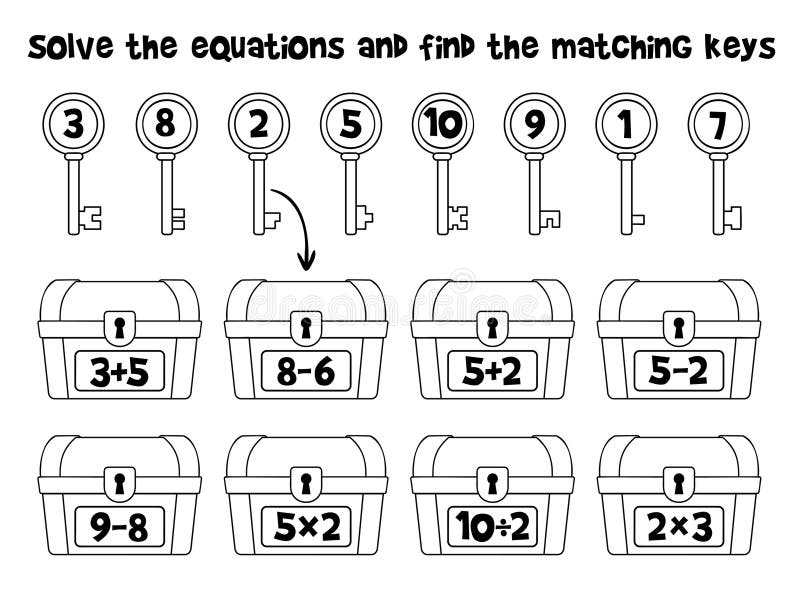 Math worksheet with keys and treasure chests of equations