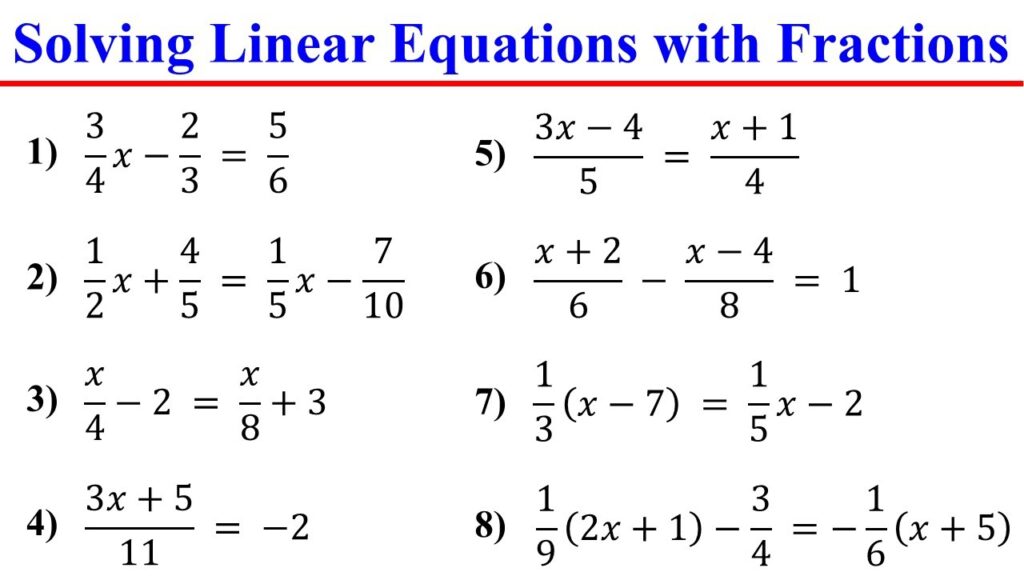 Solving linear equations with fractions worksheet