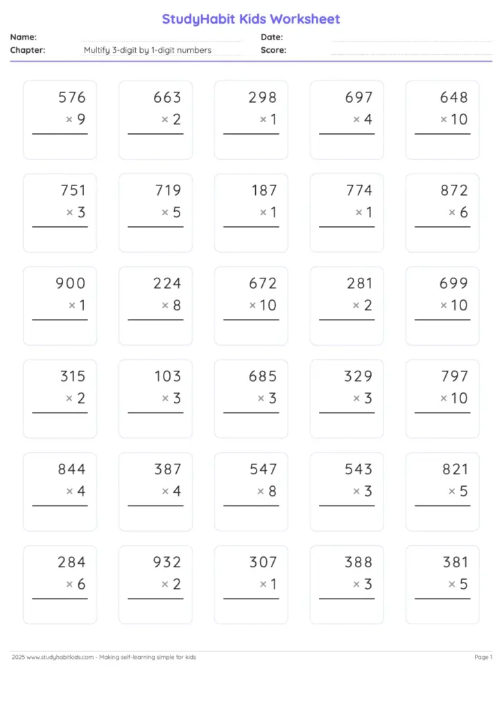 Multiplication worksheet with three-digit problems in boxes