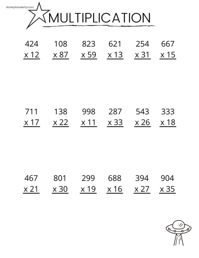 Multiplication worksheet with 18 problems and star header