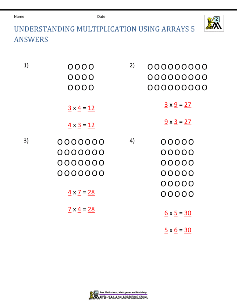 Multiplication arrays worksheet with numbered dot groups and answers