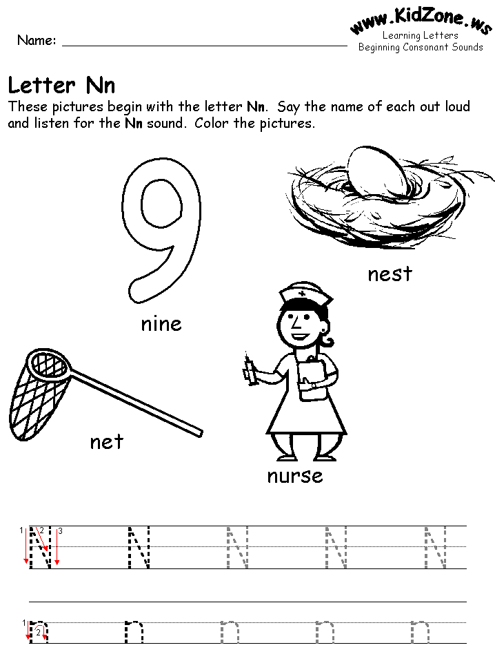 Letter N worksheet with nine, nest, net, nurse illustrations