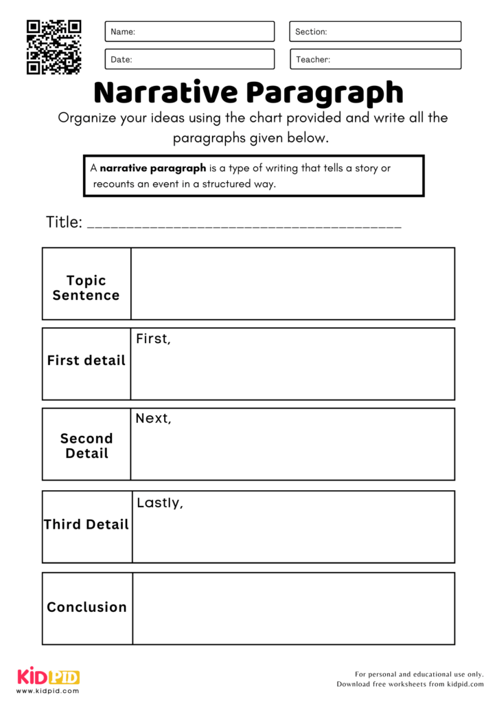 Narrative paragraph writing worksheet with labeled boxes