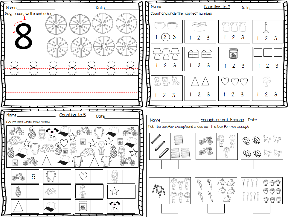 Four children’s counting worksheets arranged in a four-panel collage