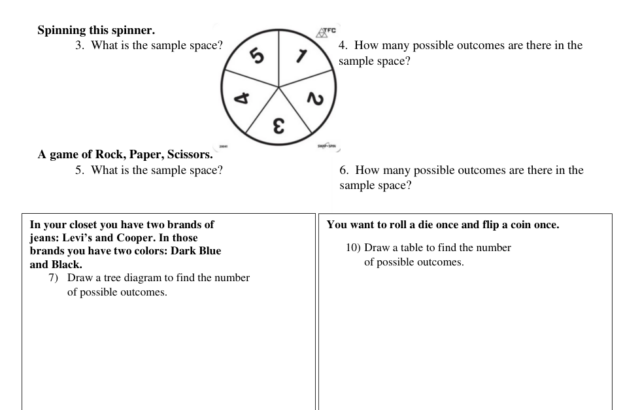 Math worksheet on sample space and outcomes