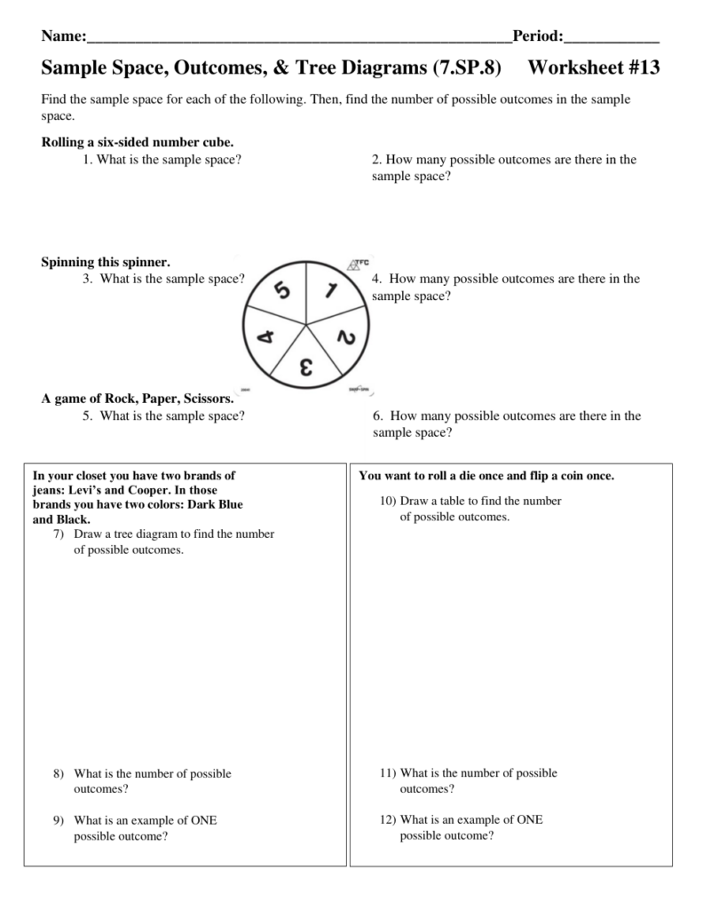 Math worksheet on sample space and outcomes