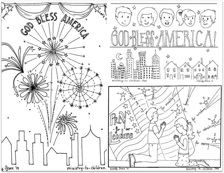 Black-and-white patriotic coloring page with fireworks and prayers