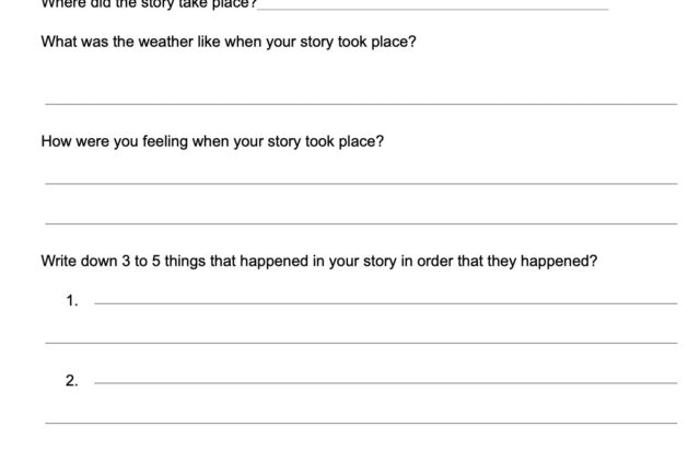 Personal narrative worksheet with questions and blank lines