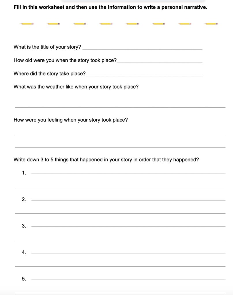 Personal narrative worksheet with questions and blank lines