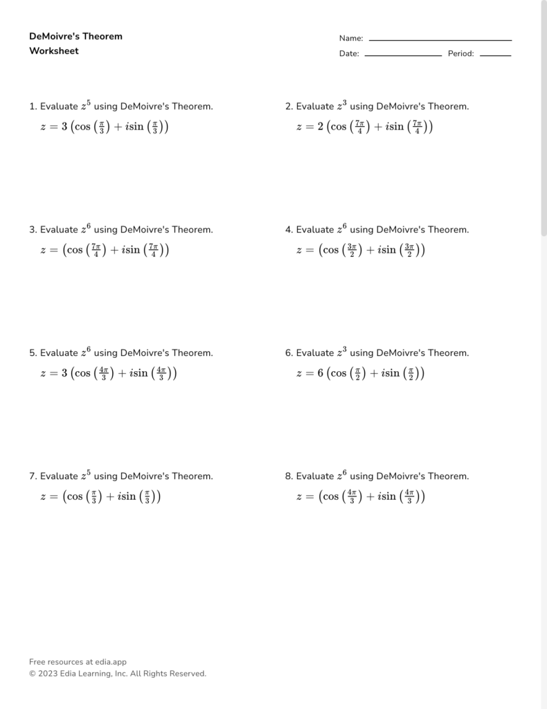 DeMoivre's Theorem worksheet with eight complex-number problems
