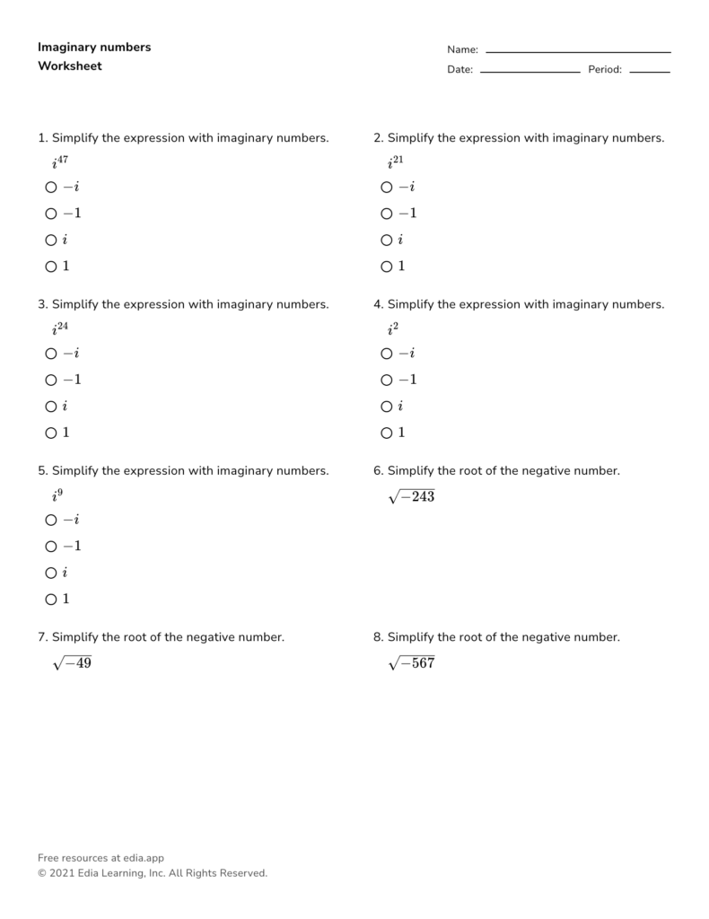 Imaginary numbers worksheet with multiple-choice problems