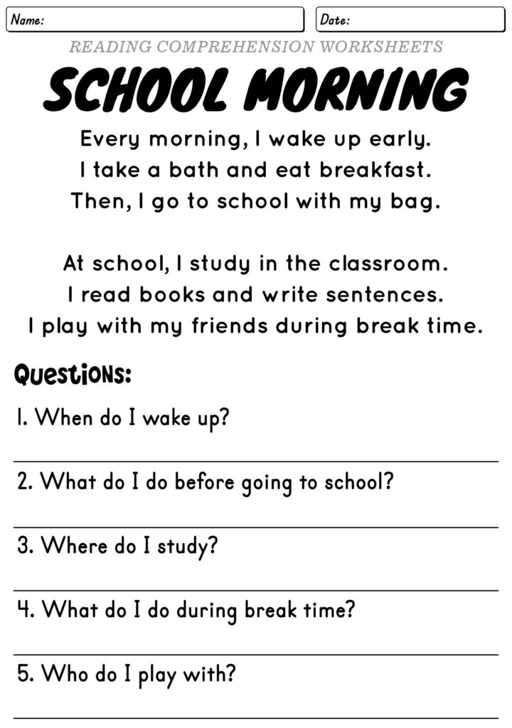 Reading comprehension worksheet titled School Morning