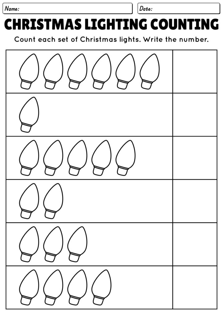 Christmas lighting counting worksheet with outlined bulbs