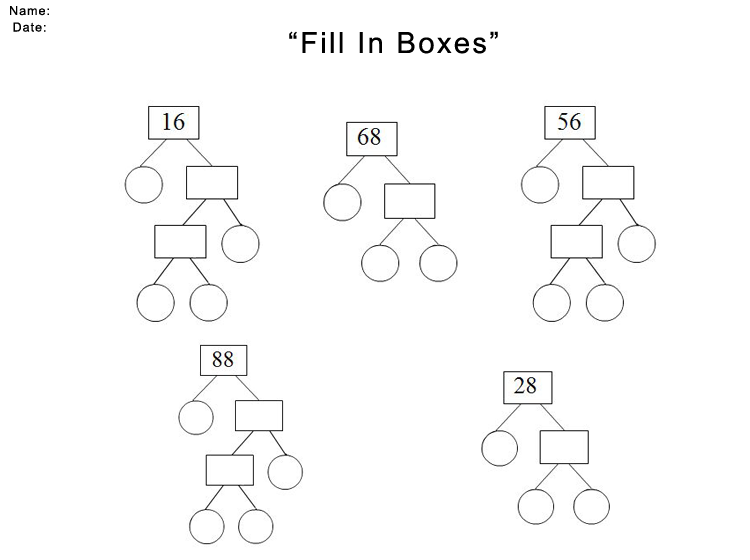 Worksheet titled “Fill In Boxes” with number trees and empty circles