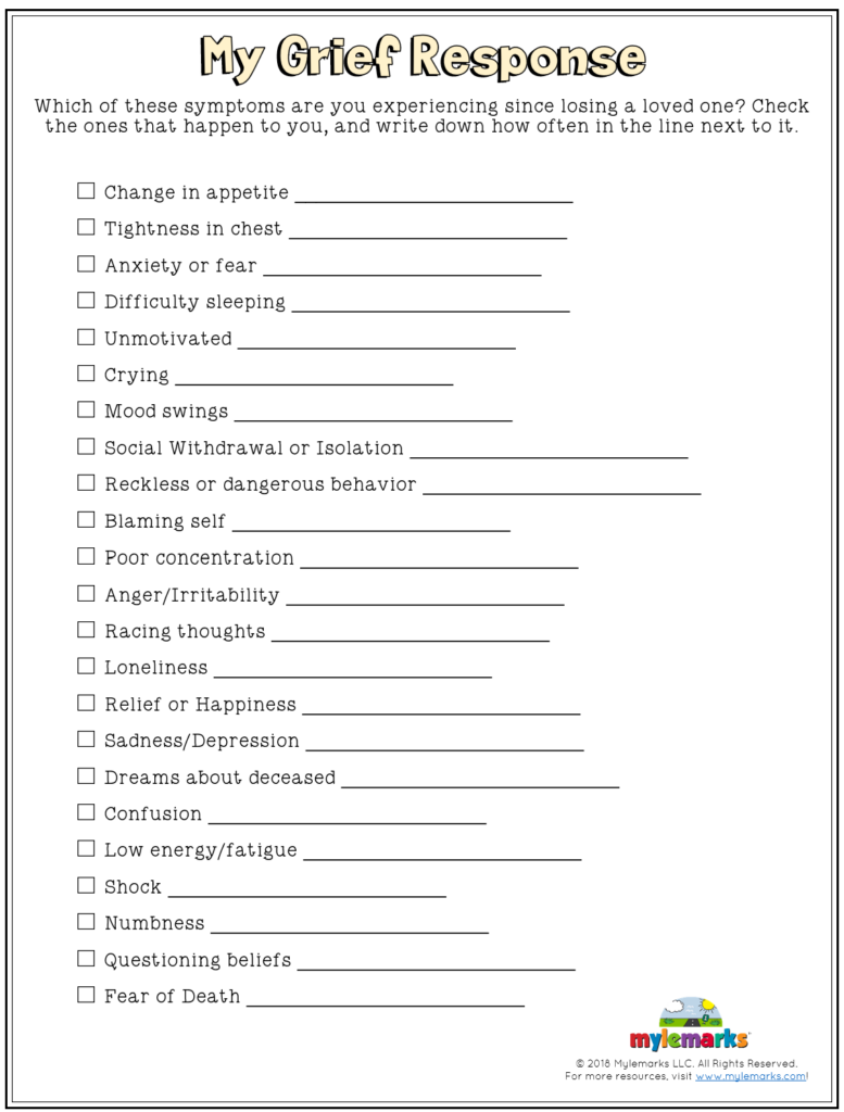 Grief response worksheet with symptom checklist and lines