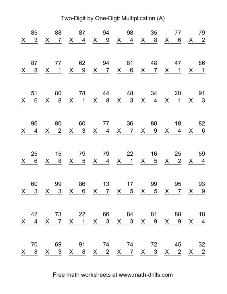 Printable two-digit multiplication worksheet with many problems