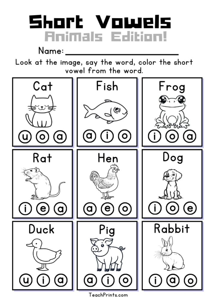 Animal short vowels worksheet with nine pictures and words