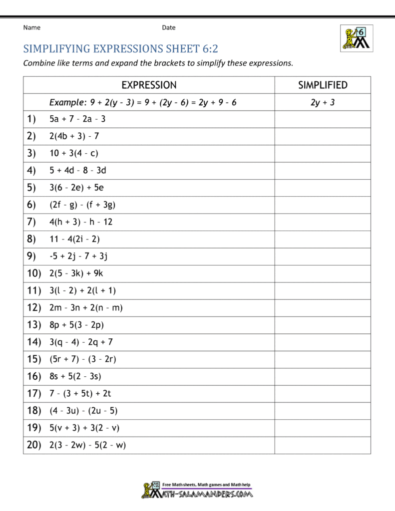 Algebra worksheet with simplifying expressions problems and table