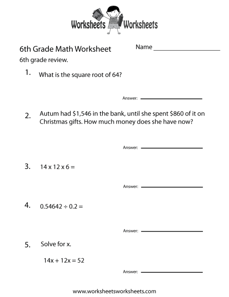 6th grade math worksheet with five questions