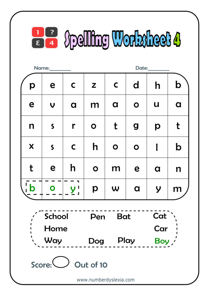 Spelling worksheet with letter grid and word list