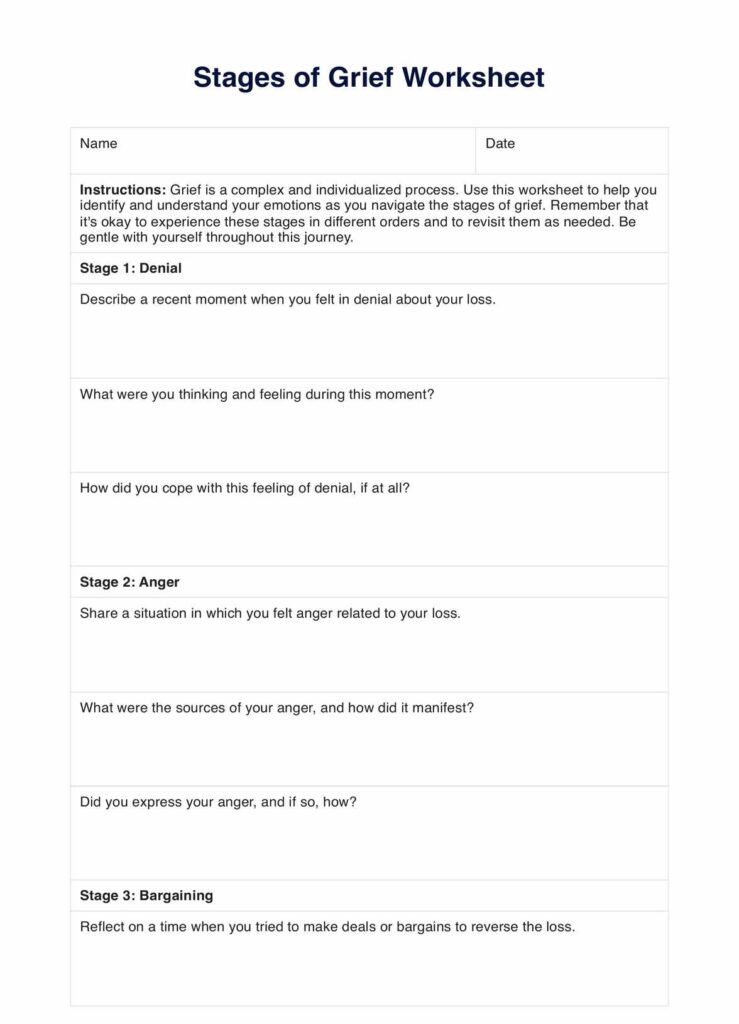 Stages of Grief Worksheet with prompts and blanks