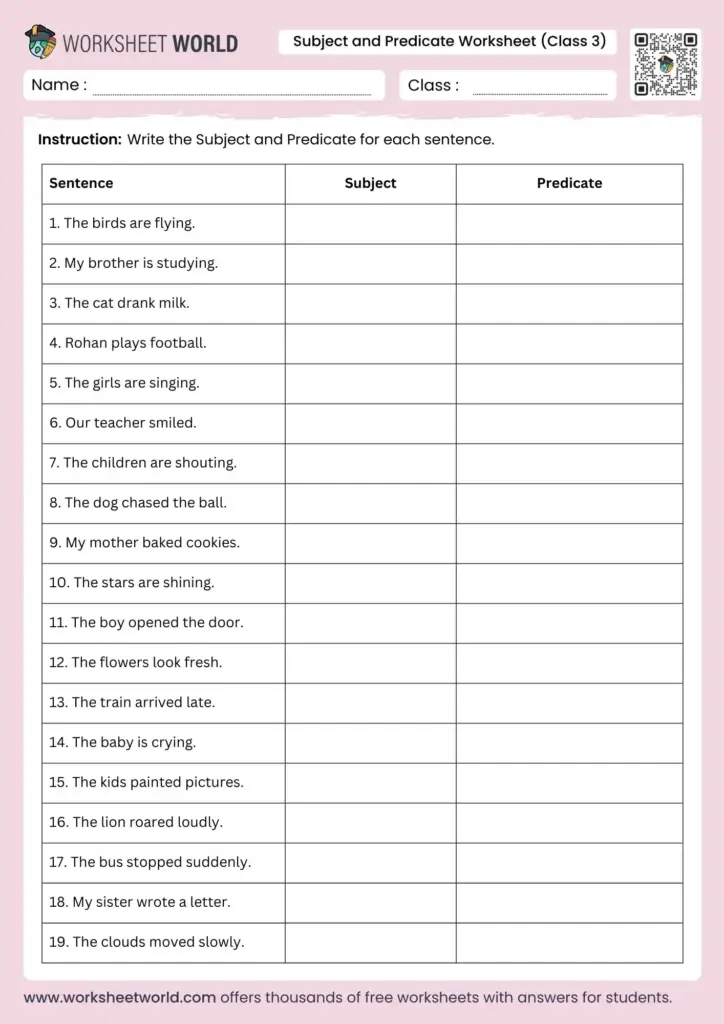 Subject and predicate worksheet with blank table rows