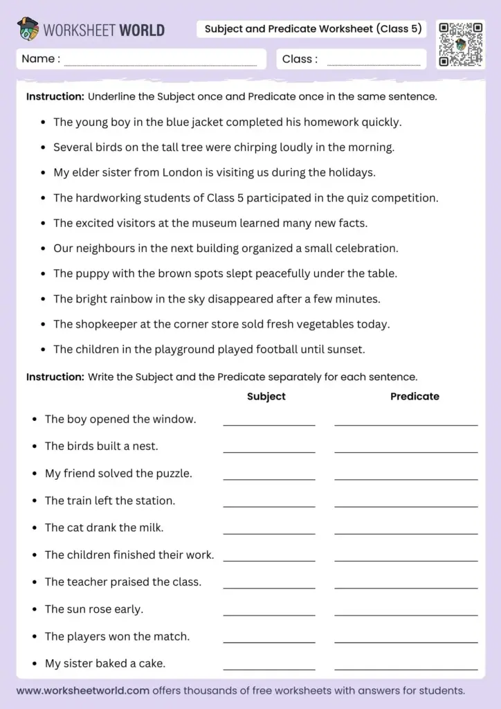Grammar worksheet with sentences and subject-predicate blanks