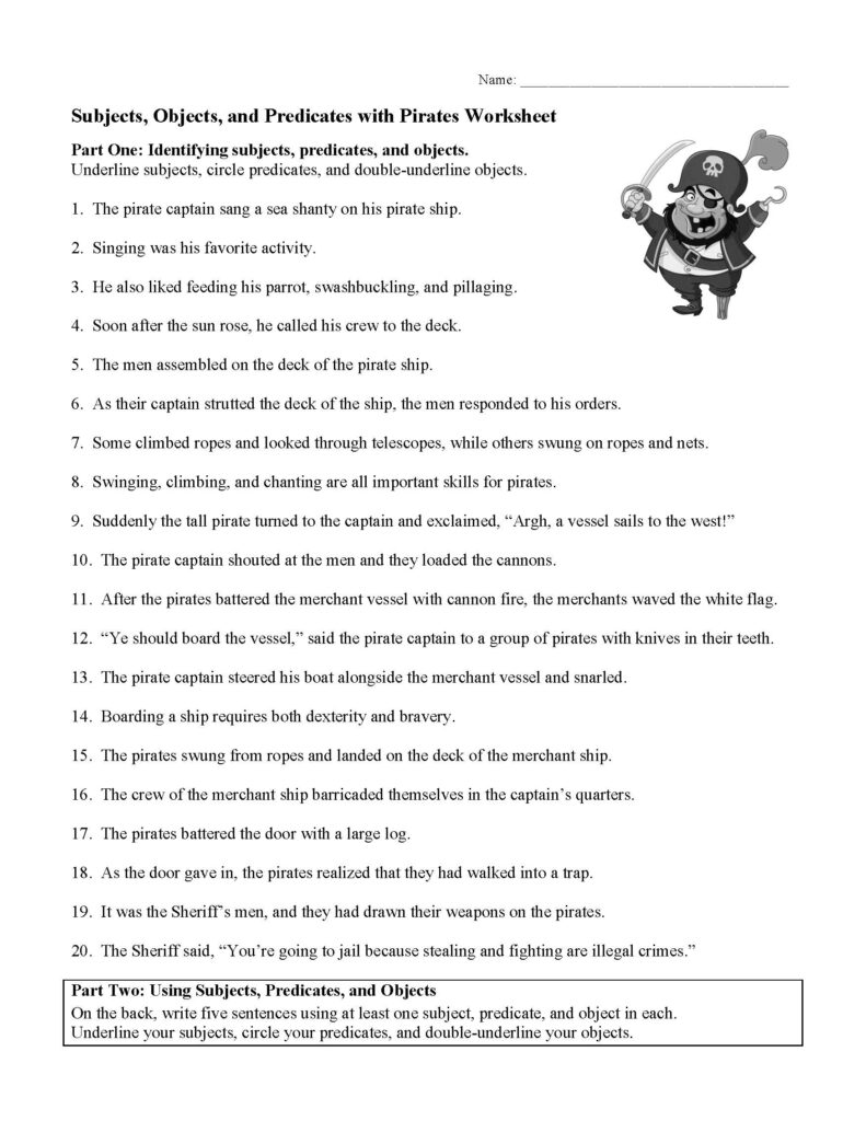 Pirate grammar worksheet with numbered sentences and cartoon pirate