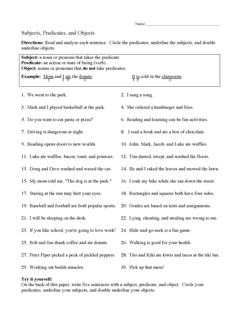 Grammar worksheet about subjects, predicates, and objects