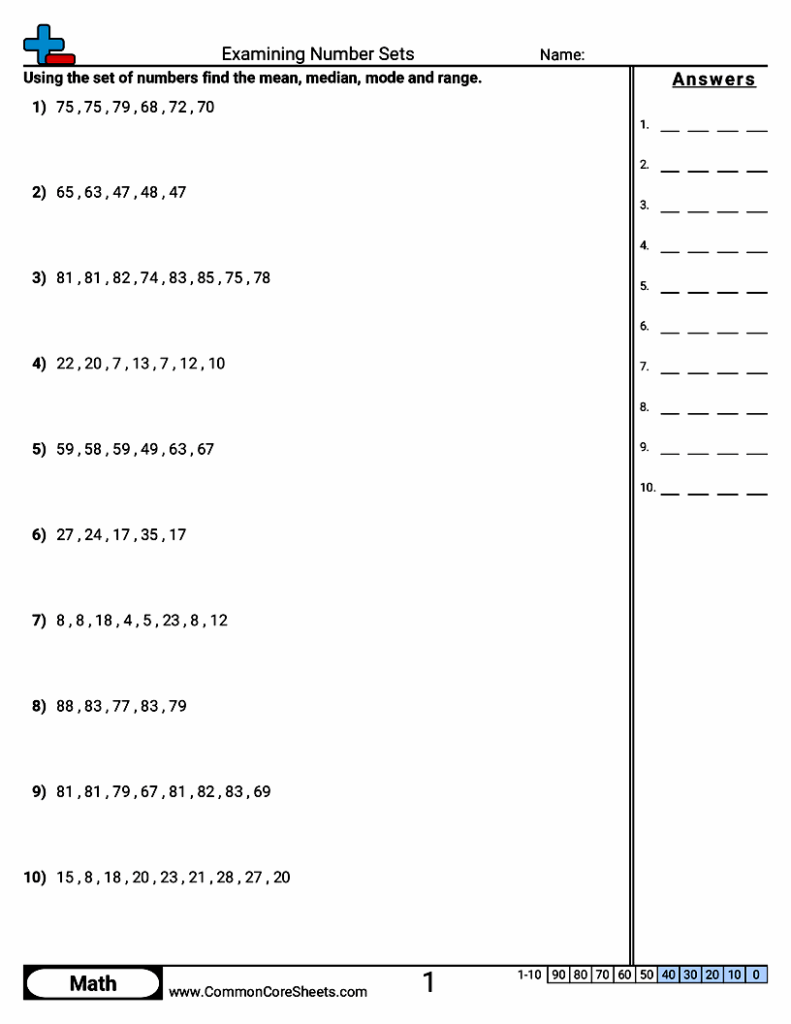 Math worksheet on number sets with answers column