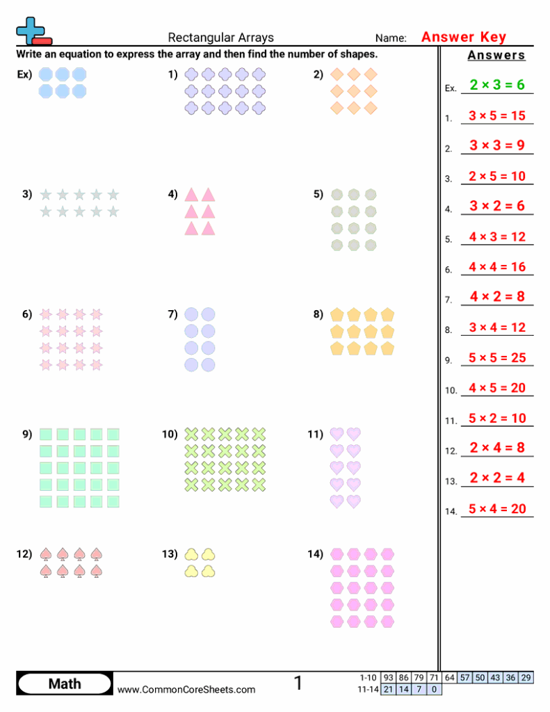 Math worksheet showing rectangular arrays with answer key