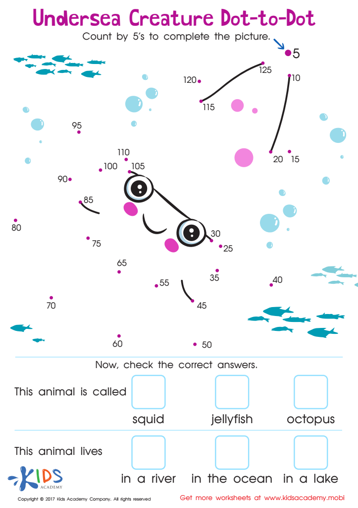 Undersea creature dot-to-dot worksheet with fish and bubbles