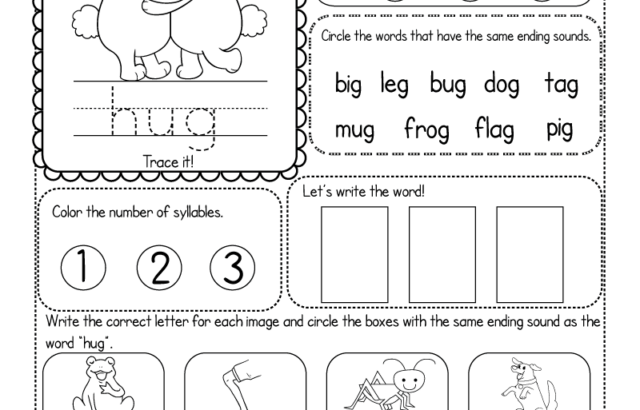 Valentine’s Day phonics worksheet with hug bear illustration