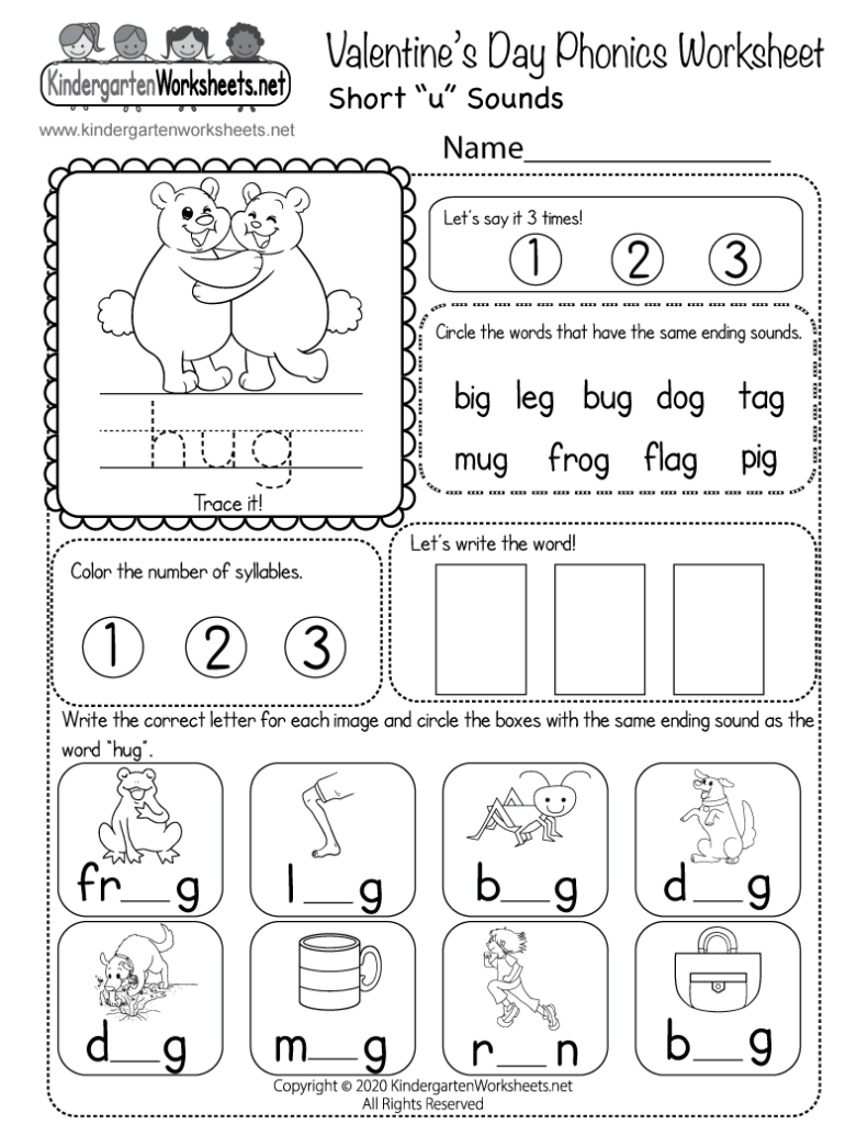 Valentine’s Day phonics worksheet with hug bear illustration