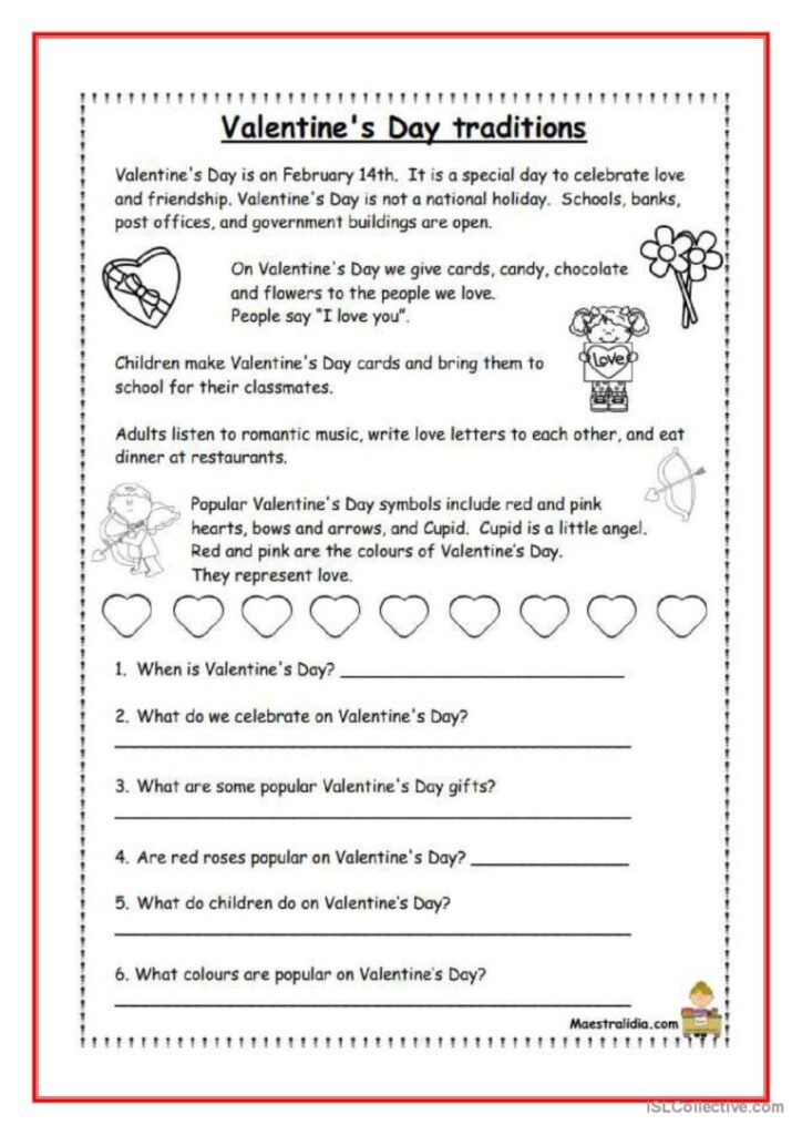 Valentine’s Day traditions worksheet with questions and hearts