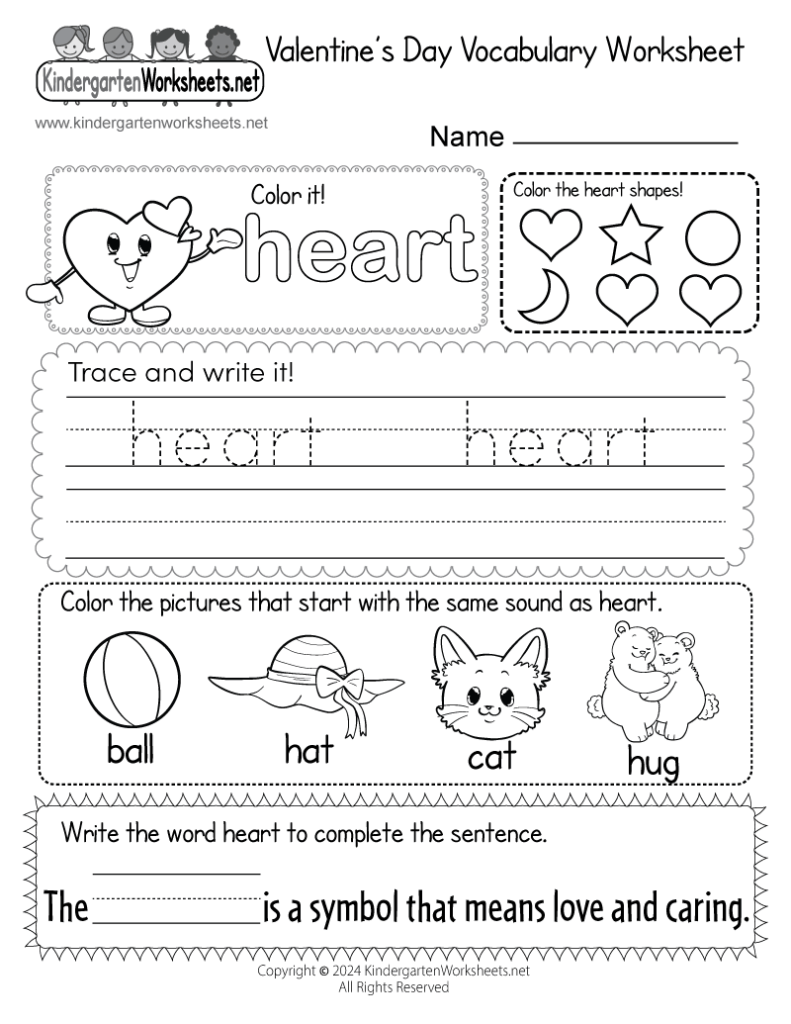 Valentine's Day vocabulary worksheet with heart illustrations