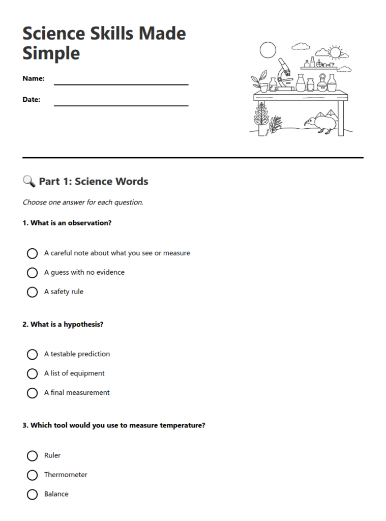 Science skills worksheet with questions and science illustration