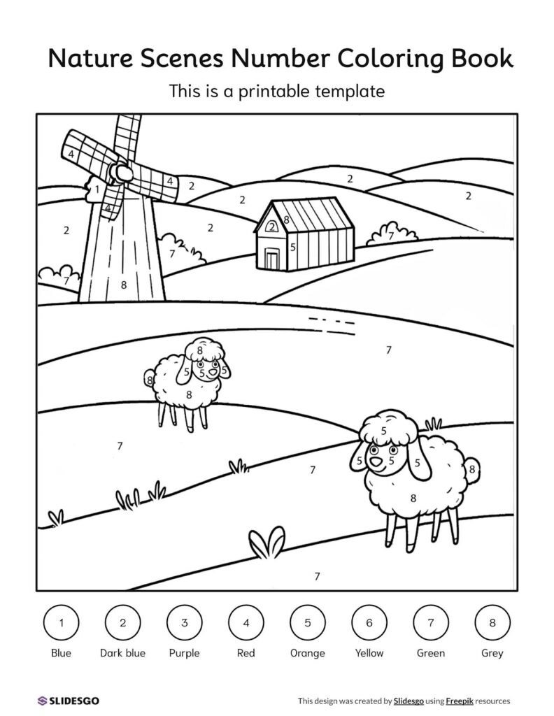 Numbered farm coloring page with windmill and sheep