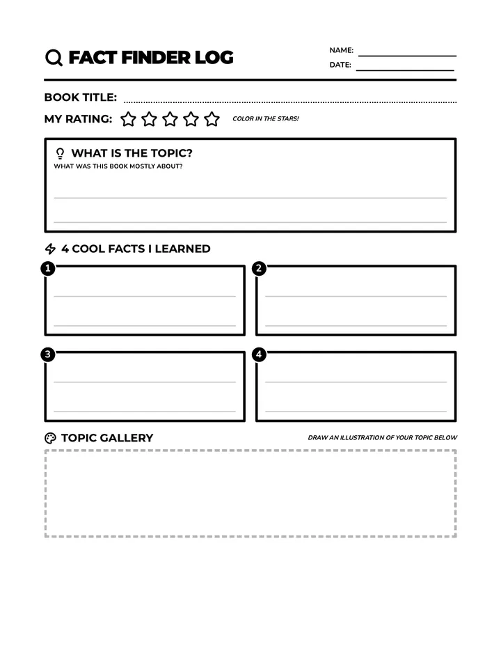Fact finder log worksheet with blank sections