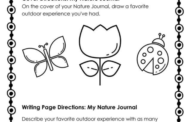 Nature journaling worksheet with butterfly, flower, and ladybug icons