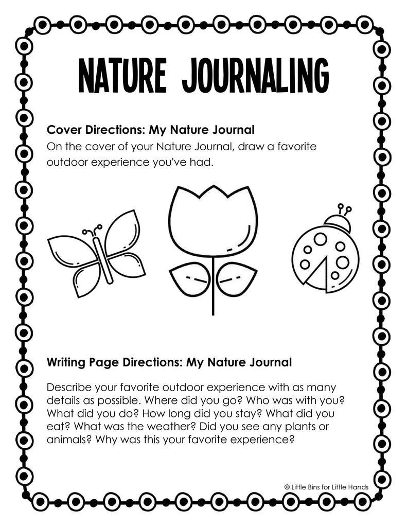 Nature journaling worksheet with butterfly, flower, and ladybug icons