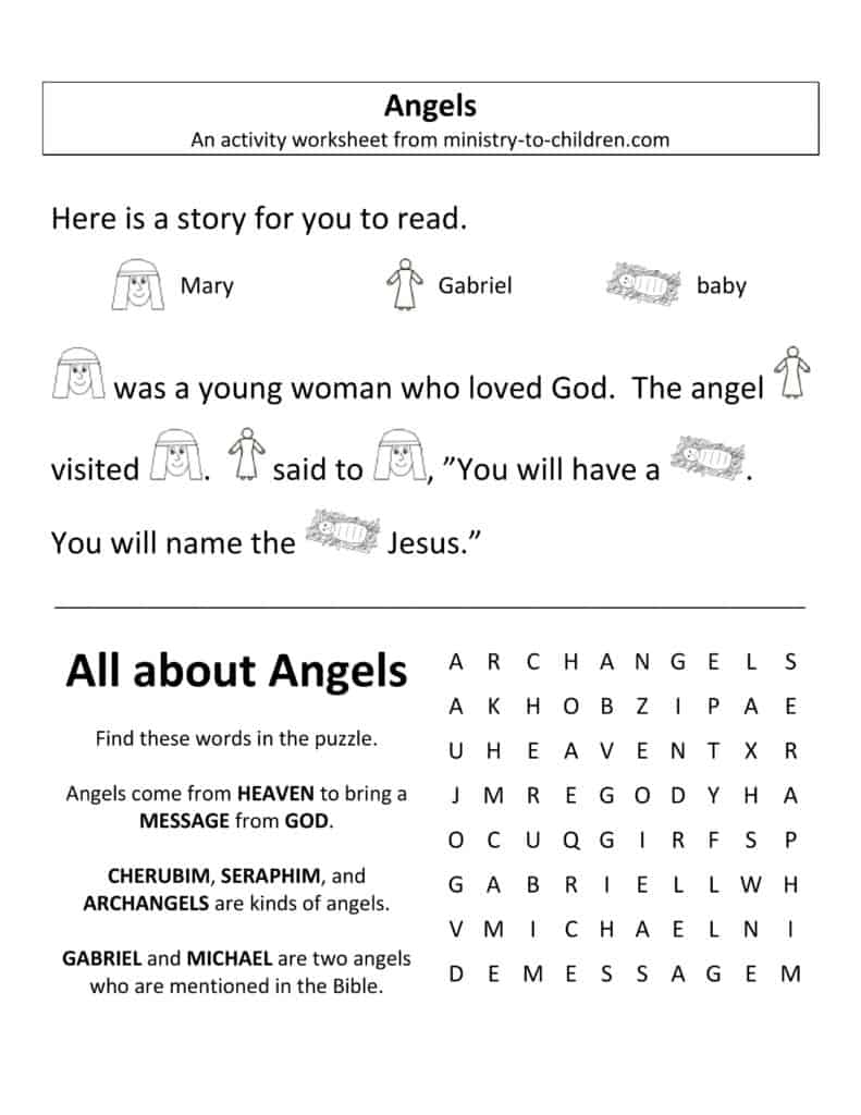 Angels worksheet with Bible story and word search