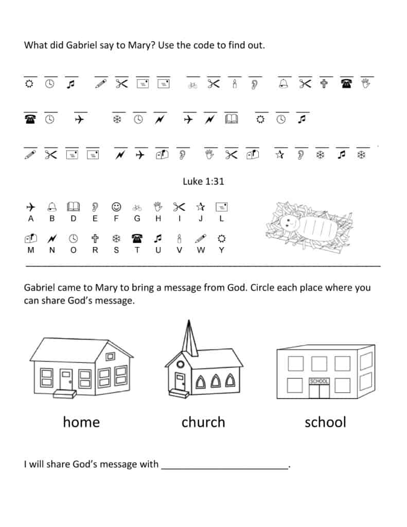 Bible worksheet with coded symbols and house drawings